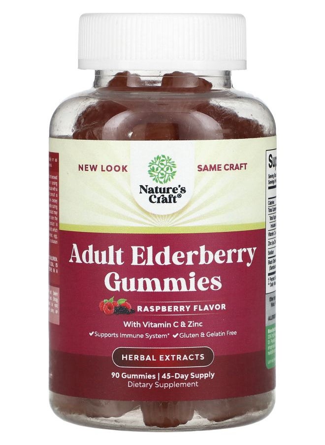 Nature's Craft Adult Elderberry Gummies with Vitamin C & Zinc Raspberry 90 Gummies 