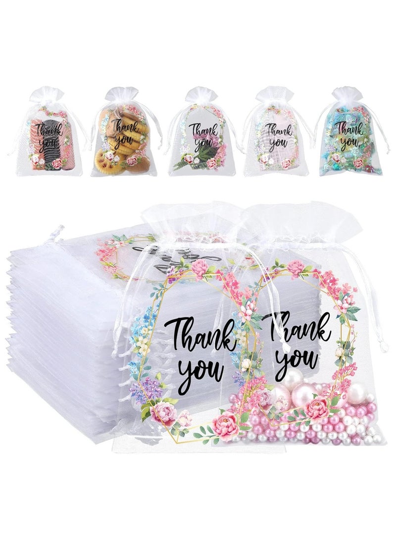 general 100 Thanksgiving Gift Bags Wedding Clear Yarn Bags Floral Small Thanksgiving Bags Bulk Mesh Jewellery Candy Gift Bags with Drawstring Baby Shower Party Gift Bags (White, 4 x 6 inches) - Image 1