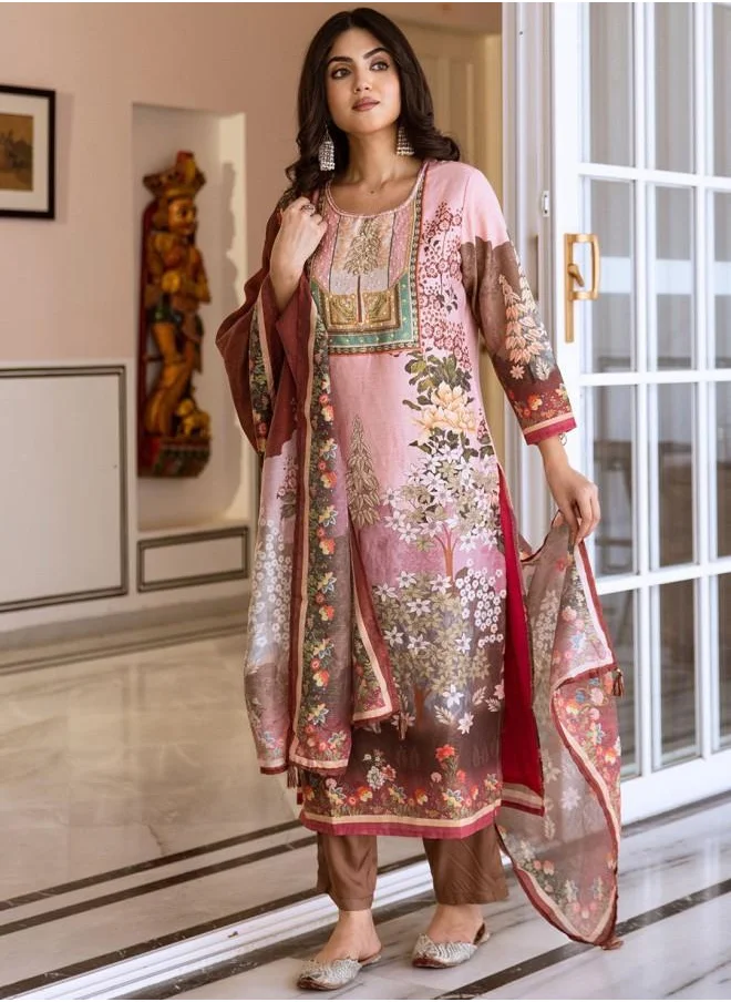 ISHIN Palazzo Women Pink Rayon Kurta Set with Embroidered pattern Tunic and Palazzo features a Round neckline and Three-Fourth Sleeve secured with Elastic closure and styled in Straight Fit ideal for Festive moments — crafted to elevate your special moments.