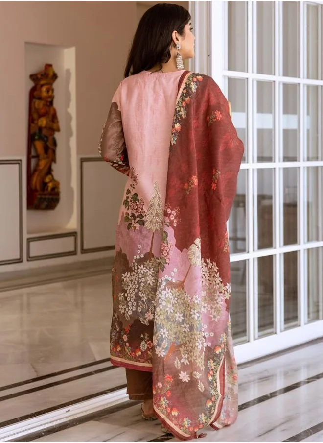 ISHIN Palazzo Women Pink Rayon Kurta Set with Embroidered pattern Tunic and Palazzo features a Round neckline and Three-Fourth Sleeve secured with Elastic closure and styled in Straight Fit ideal for Festive moments — crafted to elevate your special moments.
