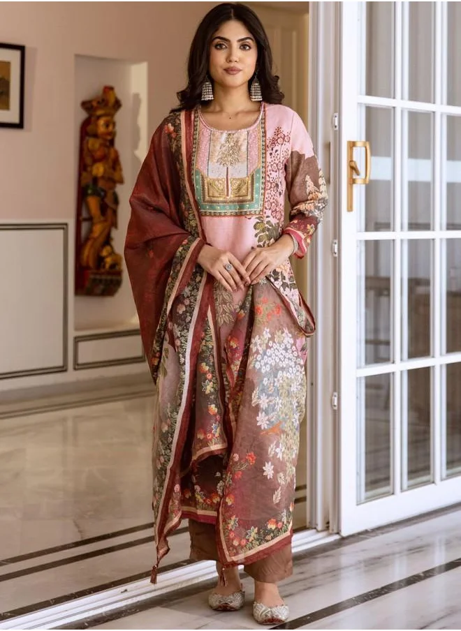 ISHIN Palazzo Women Pink Rayon Kurta Set with Embroidered pattern Tunic and Palazzo features a Round neckline and Three-Fourth Sleeve secured with Elastic closure and styled in Straight Fit ideal for Festive moments — crafted to elevate your special moments.