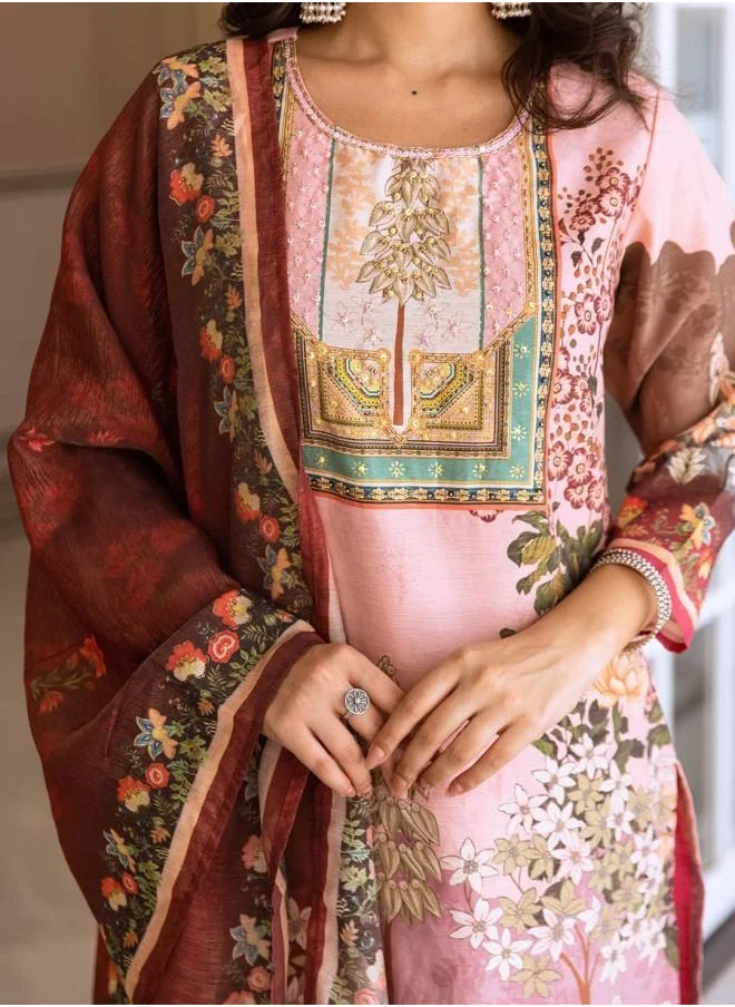 ISHIN Palazzo Women Pink Rayon Kurta Set with Embroidered pattern Tunic and Palazzo features a Round neckline and Three-Fourth Sleeve secured with Elastic closure and styled in Straight Fit ideal for Festive moments — crafted to elevate your special moments.