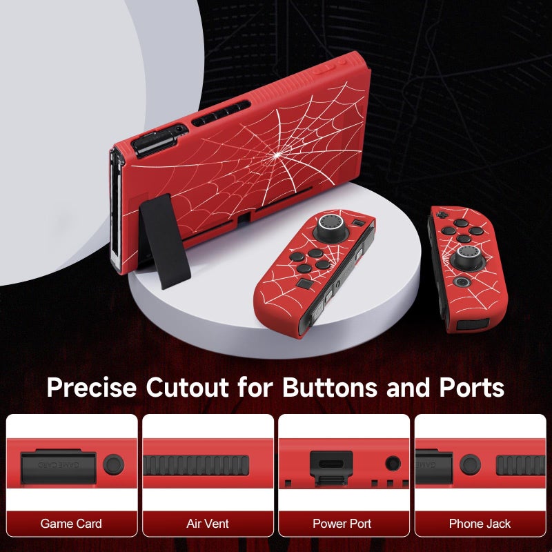 JINGDU Protective Case Compatible with Nintendo Switch 2017, TPU Case Accessory for Switch Console and Grip Joy-Con, Switch Protector with 4 Thumb Grips, Red Spider Web - Image 3