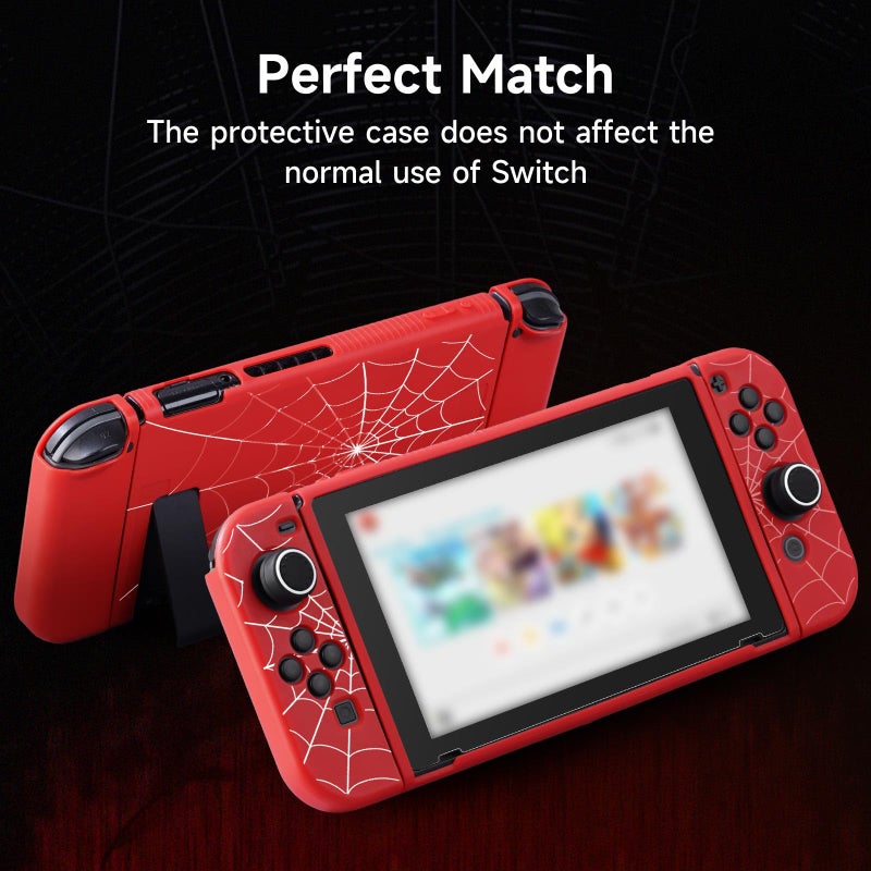 JINGDU Protective Case Compatible with Nintendo Switch 2017, TPU Case Accessory for Switch Console and Grip Joy-Con, Switch Protector with 4 Thumb Grips, Red Spider Web - Image 5