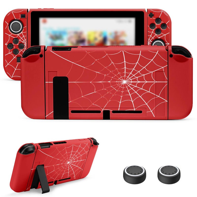 JINGDU Protective Case Compatible with Nintendo Switch 2017, TPU Case Accessory for Switch Console and Grip Joy-Con, Switch Protector with 4 Thumb Grips, Red Spider Web - Image 1