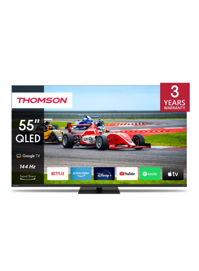 Thomson تلفاز Thomson 55" QLED Pro بتصميم قاعدة مركزية - موديل 2025 بمعدل تحديث 144Hz، 4K UHD، Dolby Vision و Atmos، تحكم صوتي ذكي، مساعد صوتي من Google، شاشة بدون إطار، تلفاز فاخر - Image 1