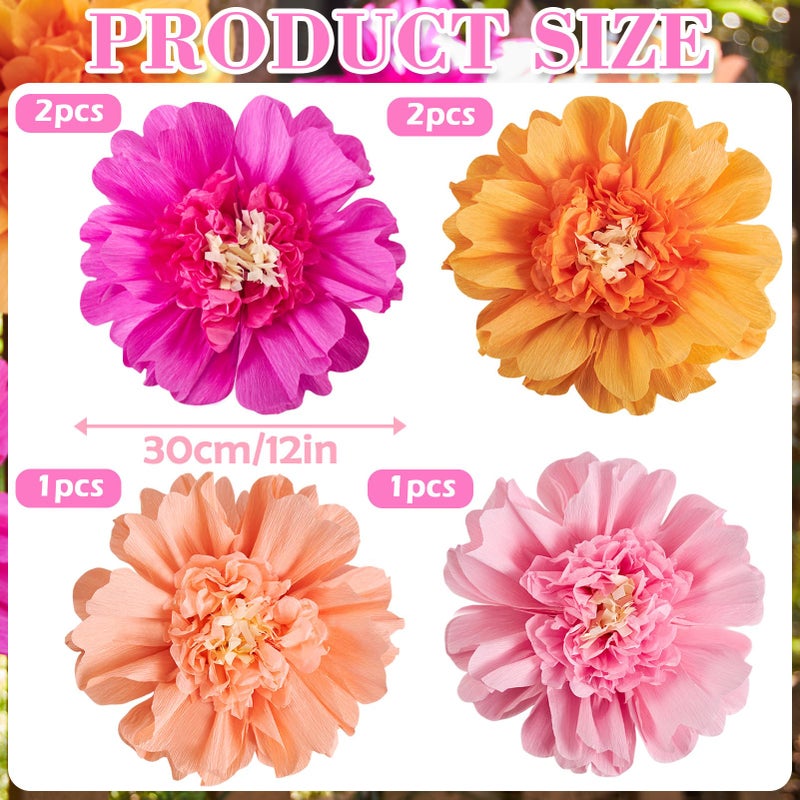 SUNBEAUTY 6PCS Hot Pink and Orange Paper Flowers 12 Inch Large Tissue Paper Flowers Decorations for Wall Giant Crepe Paper Flowers for Girl Women Birthday Office Classroom Bridal Wedding Backdrop - Image 3