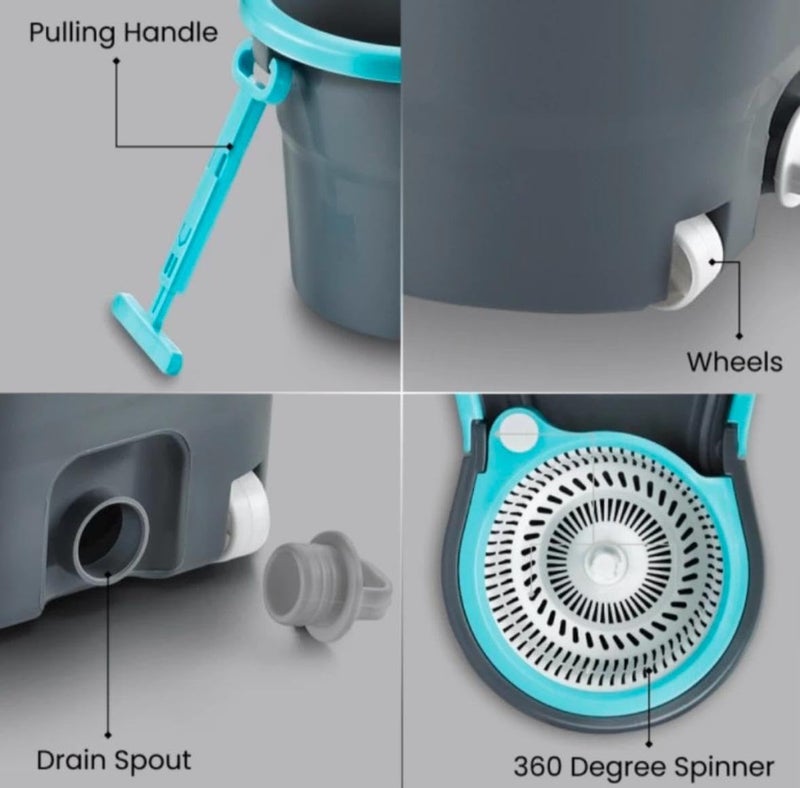 AVZEEGO Spin Mop with Wheels and Deluxe Wringer System Bucket Floor Cleaning and Mopping System2 Microfiber Refills Blue - Image 4