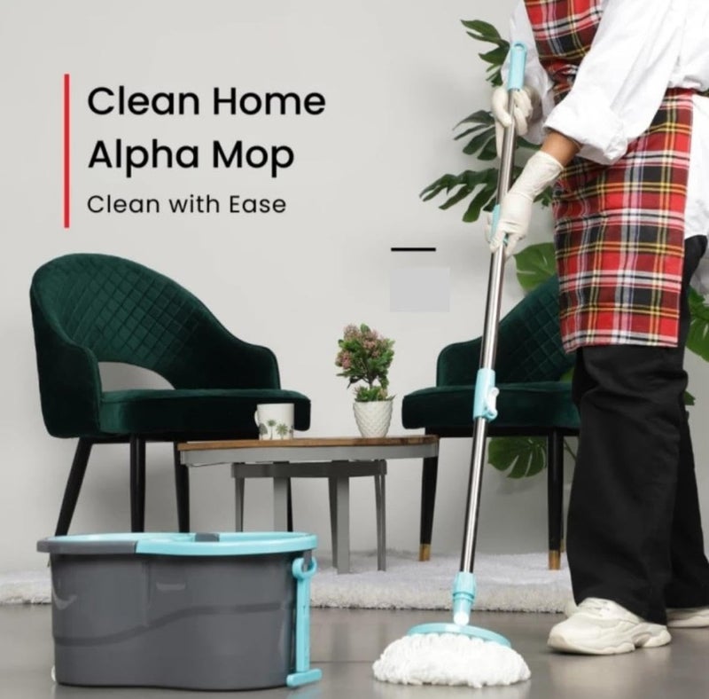 AVZEEGO Spin Mop with Wheels and Deluxe Wringer System Bucket Floor Cleaning and Mopping System2 Microfiber Refills Blue - Image 2