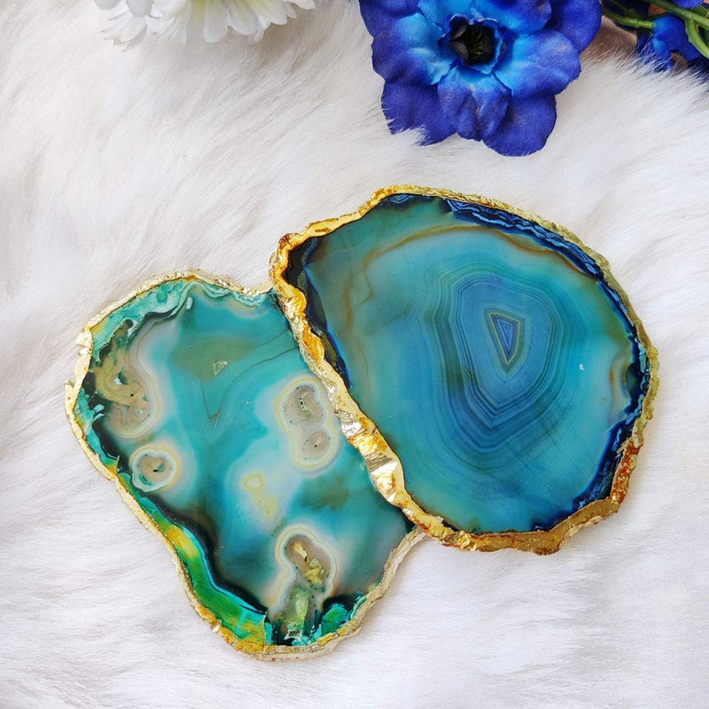 Shubhanjali Shubhanjali Natural Agate Coasters Coffee Tea Drink Coaster with Golded Edges- Pack of 1- Reiki Healing Crystal Irregular Stone Cup Mat for Desk Wine Christmas Gift (Green)  - Image 2