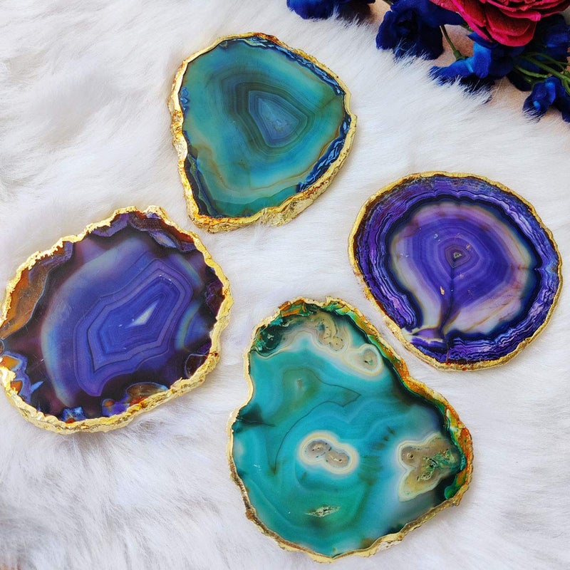 Shubhanjali Shubhanjali Natural Agate Coasters Coffee Tea Drink Coaster with Golded Edges- Pack of 1- Reiki Healing Crystal Irregular Stone Cup Mat for Desk Wine Christmas Gift (Green)  - Image 3