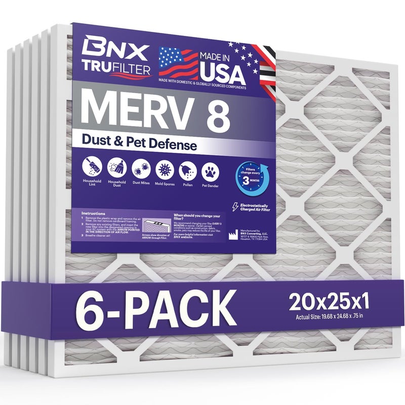 BNX TruFilter 20x25x1 Air Filter MERV 8 (6-Pack) - MADE IN USA â€“ Dust & Pet Defense Electrostatic Pleated Air Conditioner HVAC AC Furnace Filters for Dust, Pet, Mold, Pollen MPR 600 â€“ 700 & FPR 5 - Image 1