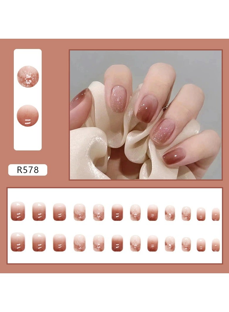 Goolsky Short Press On Nails Icy Gradient Red Brown Color Block Elegant Fake Nails 24pcs Set  - Image 1
