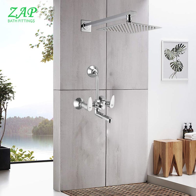 ZAP Brzza Series High Grade 100 Brass Wall Mixer with Overhead Shower System Set and 125mm Long Bend Pipe For Bathroom Chrome Finish - Image 3