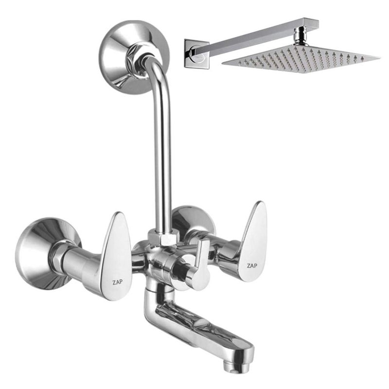 ZAP Brzza Series High Grade 100 Brass Wall Mixer with Overhead Shower System Set and 125mm Long Bend Pipe For Bathroom Chrome Finish - Image 1