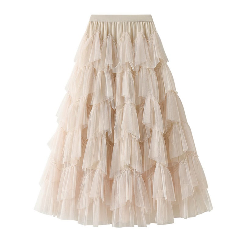 Dirholl Women's A-Line Fairy Patterned Elastic Waist Ruffle Tulle Layered Midi Skirt Tutu Apricot - Image 1