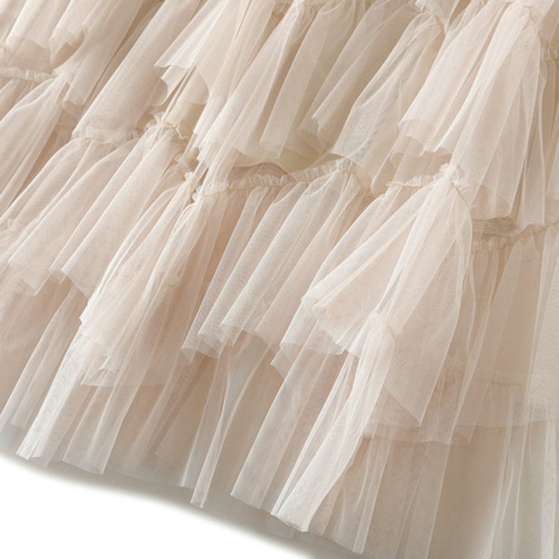 Dirholl Women's A-Line Fairy Patterned Elastic Waist Ruffle Tulle Layered Midi Skirt Tutu Apricot - Image 5