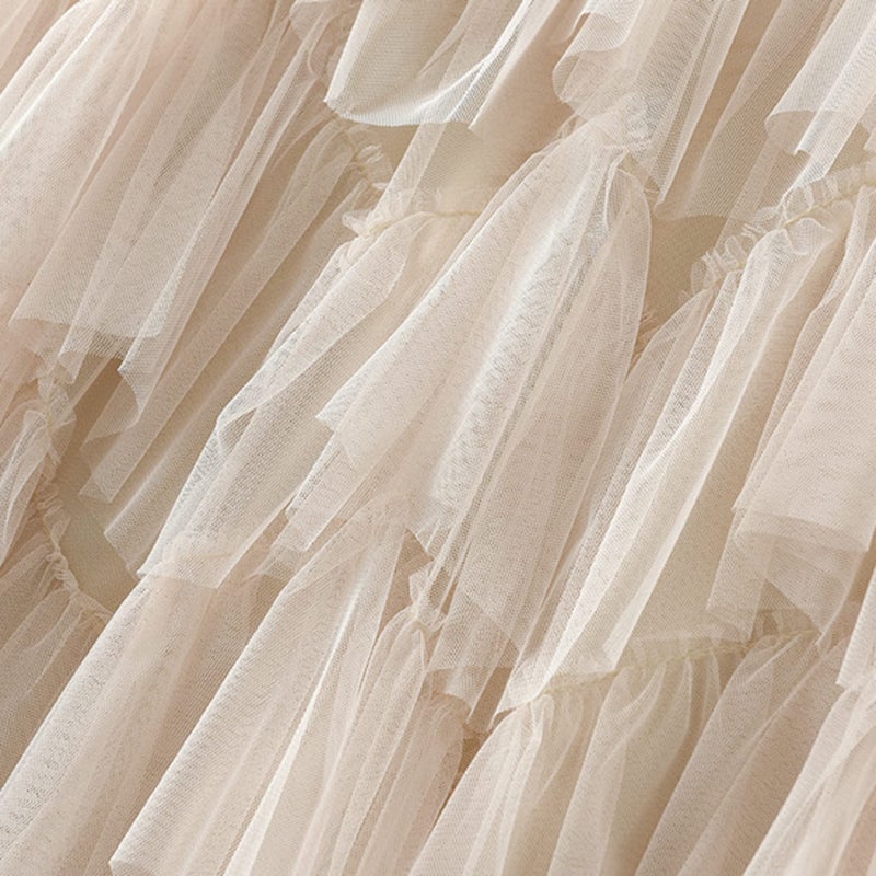Dirholl Women's A-Line Fairy Patterned Elastic Waist Ruffle Tulle Layered Midi Skirt Tutu Apricot - Image 3