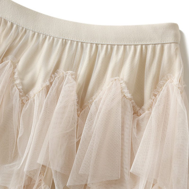 Dirholl Women's A-Line Fairy Patterned Elastic Waist Ruffle Tulle Layered Midi Skirt Tutu Apricot - Image 2