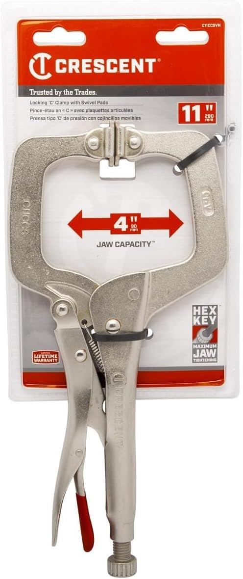 Crescent Locking C-Clamp with Swivel Pad Tips - Heavy-Duty Adjustable Clamp with Hex Key Recess & Compound Action - C11CCSVN - 11", Red - Image 2
