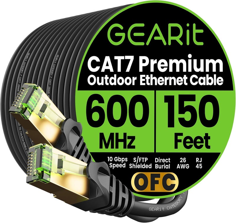 GearIT Cat7 Outdoor Ethernet Cable (150ft) SFTP Shielded Foil Twisted Pair, Pure Copper, LLDPE, Waterproof, Direct Burial, In-Ground, UV Resistant, POE, Network, LAN, Internet, Cat 7-150 Feet - Image 1