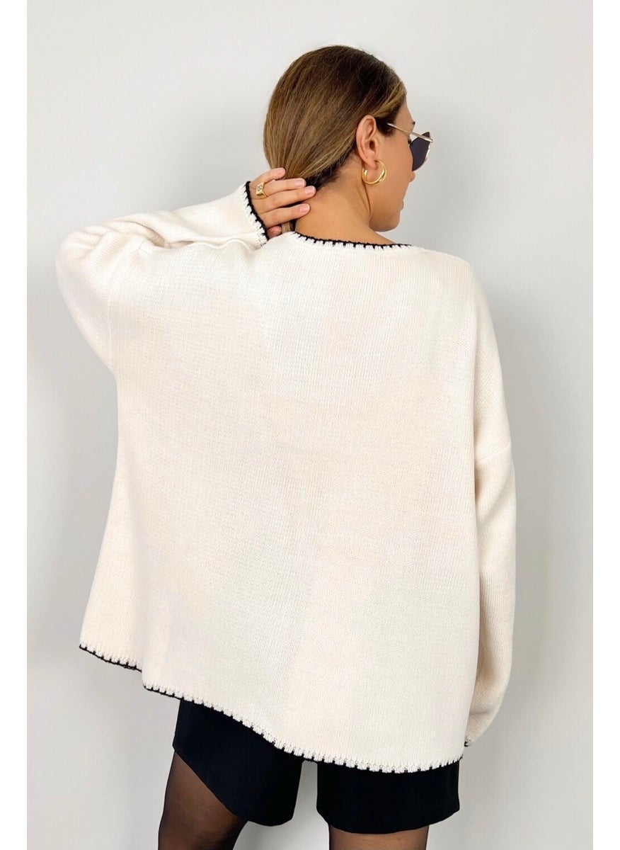 Ritnice - Women's Rio Wide Cut Ecru Edges Embroidered V-Neck Knitwear Sweater - Image 1