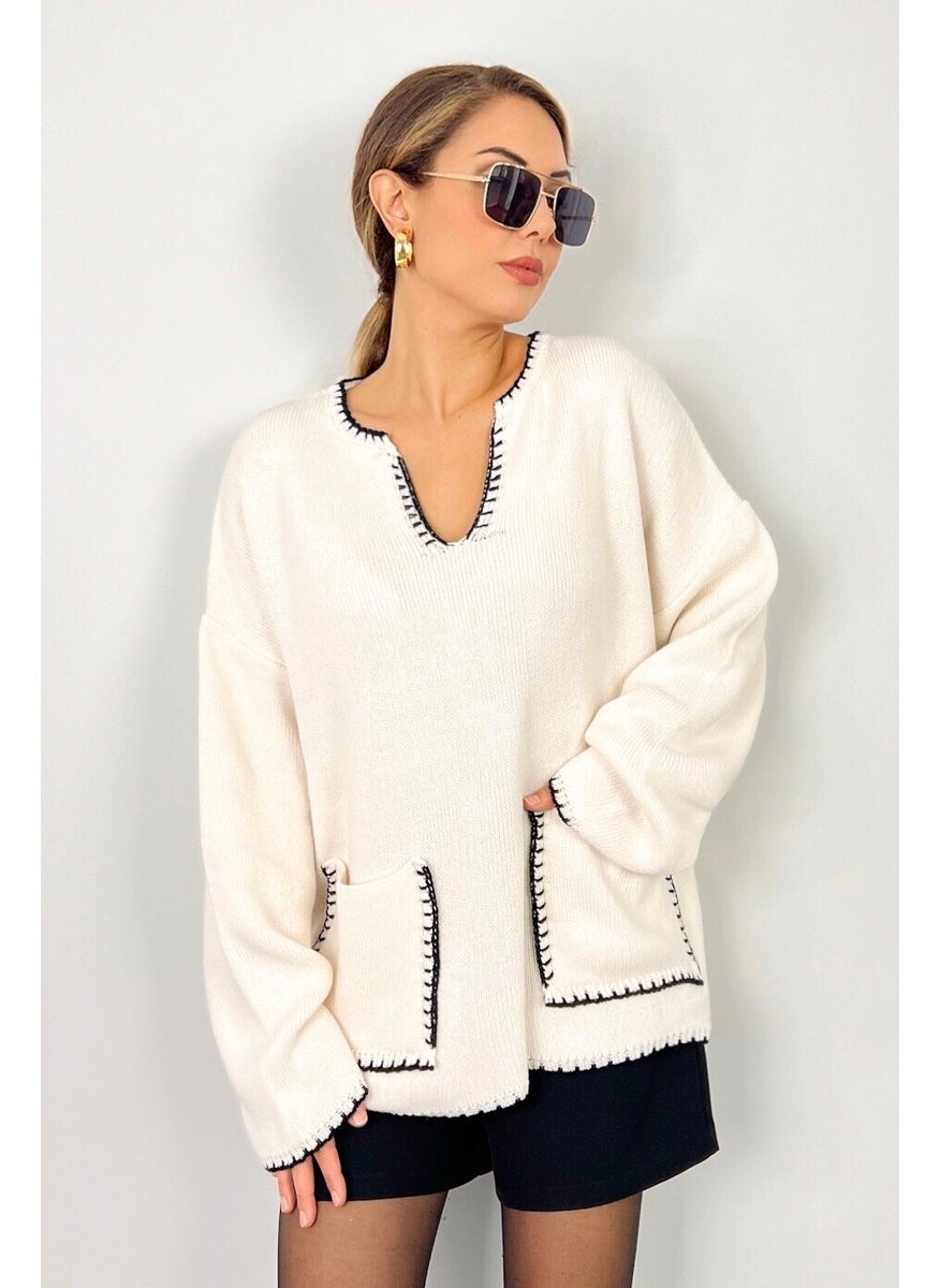 Ritnice - Women's Rio Wide Cut Ecru Edges Embroidered V-Neck Knitwear Sweater - Image 1