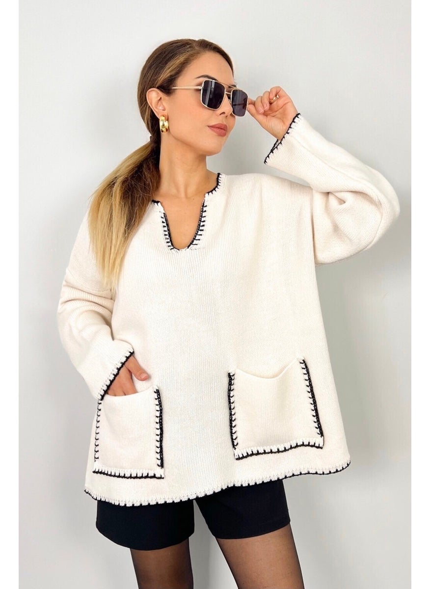 Ritnice - Women's Rio Wide Cut Ecru Edges Embroidered V-Neck Knitwear Sweater - Image 1