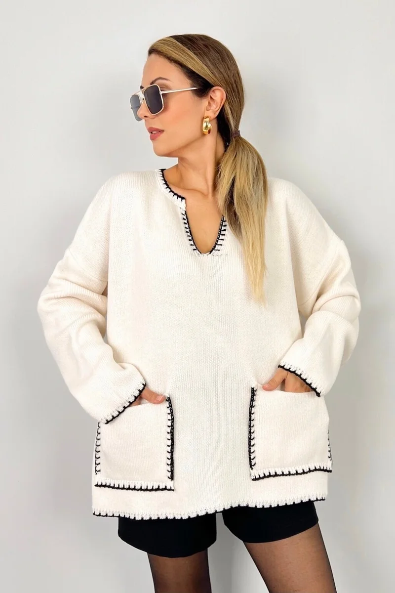 Ritnice Women's Rio Wide Cut Ecru Edges Embroidered V-Neck Knitwear Sweater