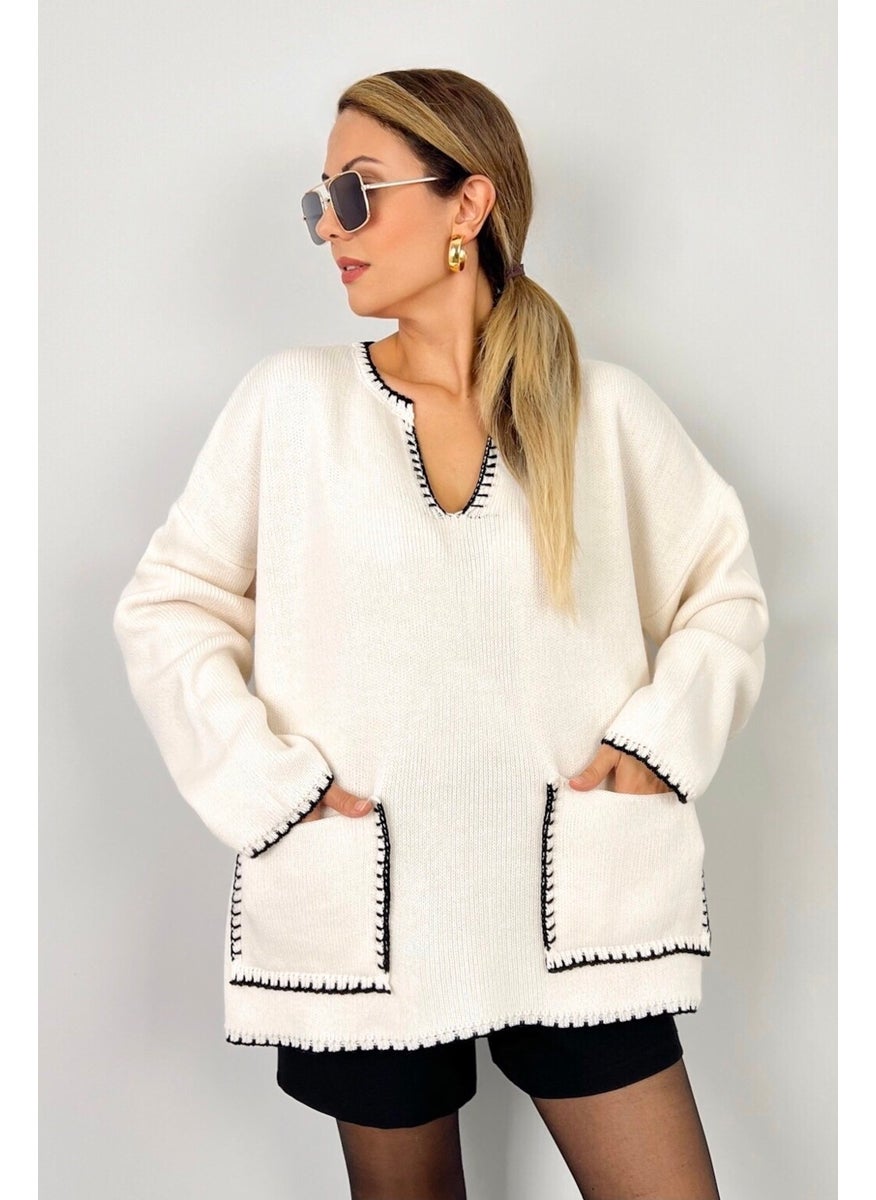 Ritnice - Women's Rio Wide Cut Ecru Edges Embroidered V-Neck Knitwear Sweater - Image 1