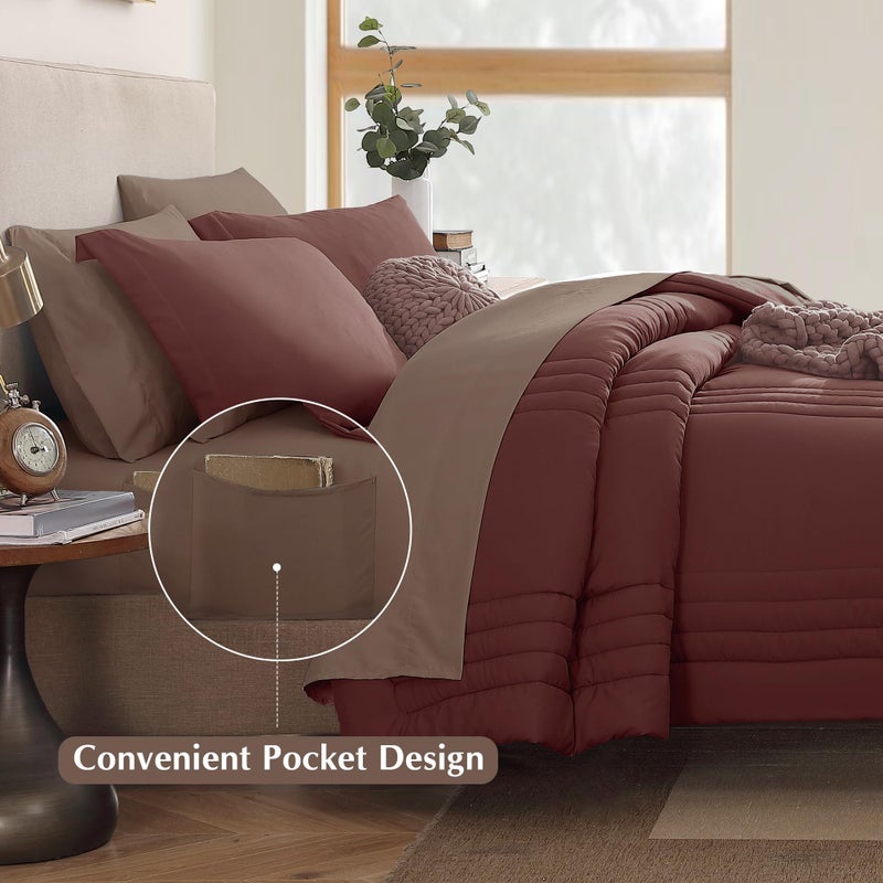 Monbix Queen Comforter Set - 7 Pieces Dark Red Bed in a Bag Queen Bedding Sets with Comforters, All Seasons Comforter Bed Set with Sheets, Pillowcases & Shams - Image 5