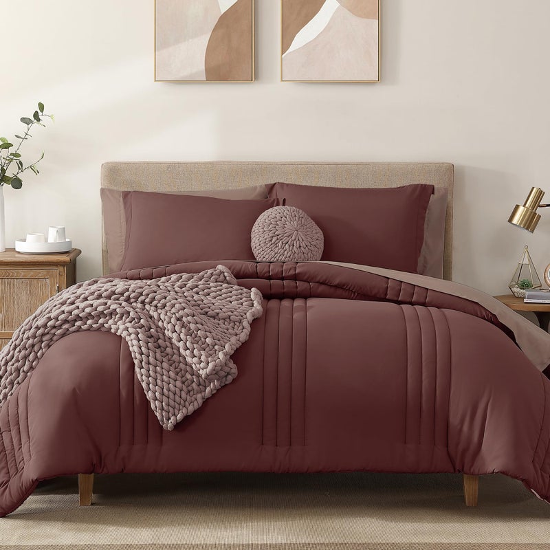 Monbix Queen Comforter Set - 7 Pieces Dark Red Bed in a Bag Queen Bedding Sets with Comforters, All Seasons Comforter Bed Set with Sheets, Pillowcases & Shams - Image 1