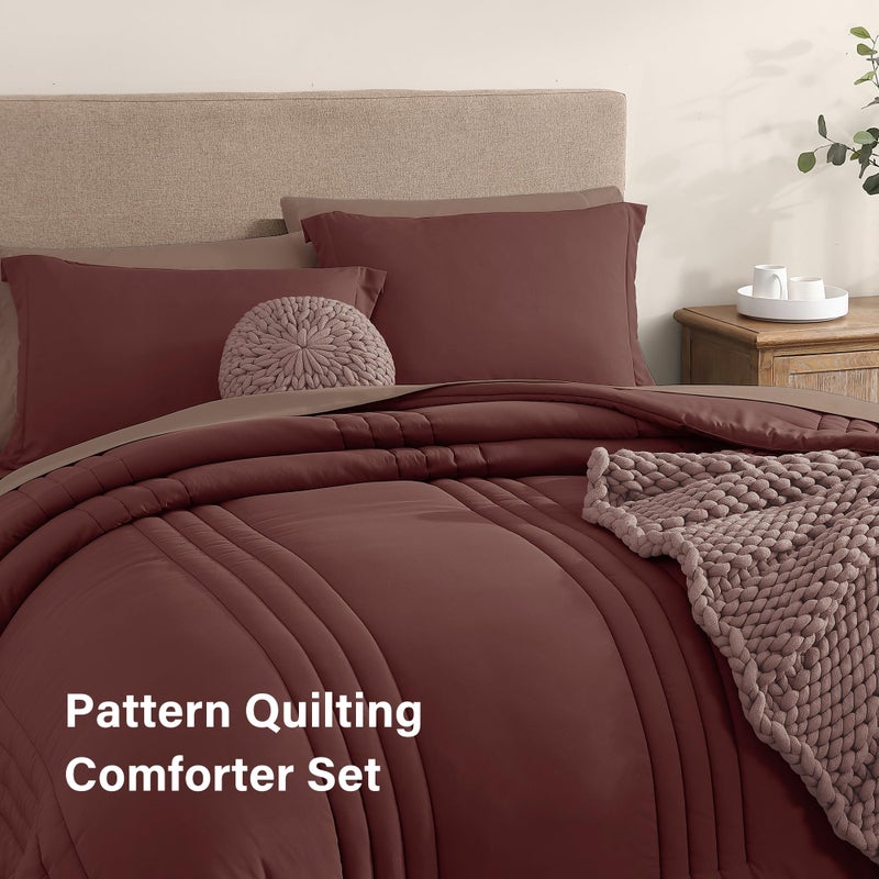 Monbix Queen Comforter Set - 7 Pieces Dark Red Bed in a Bag Queen Bedding Sets with Comforters, All Seasons Comforter Bed Set with Sheets, Pillowcases & Shams - Image 4