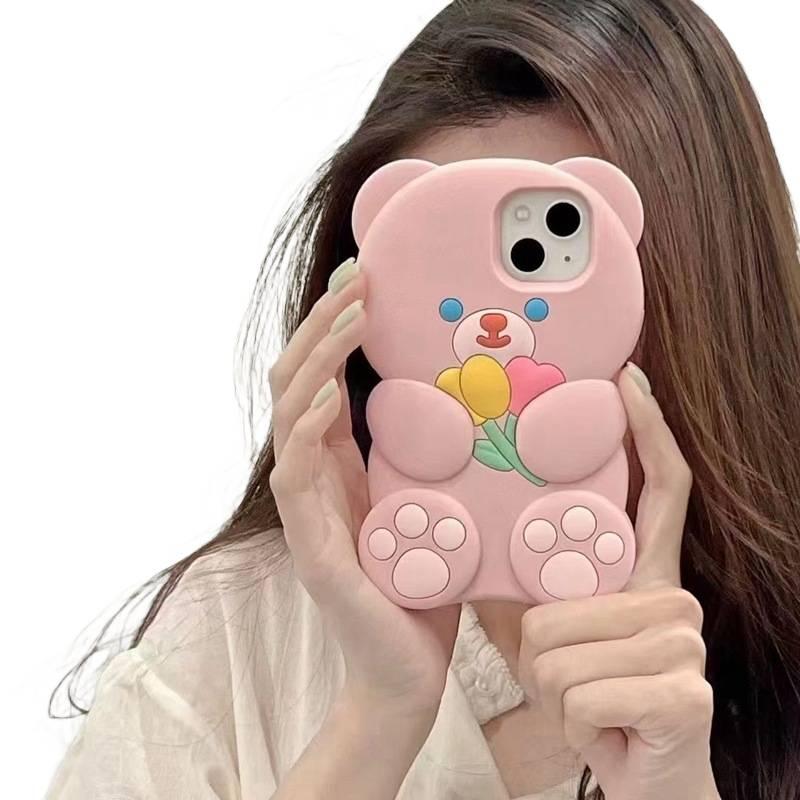 غطاء واقي بسيليكون لـ iPhone 11 باللون بني من السيليكون مع نقش الدب والتوليب ثلاثي الأبعاد وتصميم كرتوني مع مقاوم للصدمات مع مقاوم لبصمات الأصابع مع حماية من السقوط - Image 3