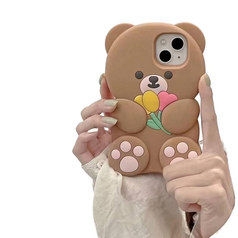 غطاء واقي بسيليكون لـ iPhone 11 باللون بني من السيليكون مع نقش الدب والتوليب ثلاثي الأبعاد وتصميم كرتوني مع مقاوم للصدمات مع مقاوم لبصمات الأصابع مع حماية من السقوط - Image 2