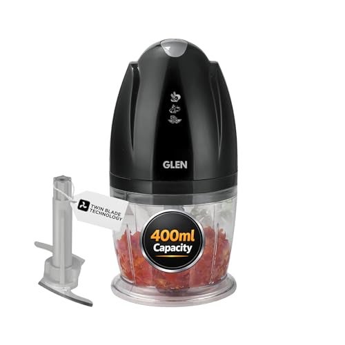 Glen Electric Chopper for Kitchen, 400ml Bowl, 200W Mini Fruit & Vegetable Cutter with Rust-Resistant Stainless Steel Blades, Whisker Disc, Chops Onion & Nuts - Black (SA4041MCBL) - Image 1