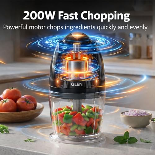 Glen Electric Chopper for Kitchen, 400ml Bowl, 200W Mini Fruit & Vegetable Cutter with Rust-Resistant Stainless Steel Blades, Whisker Disc, Chops Onion & Nuts - Black (SA4041MCBL) - Image 4