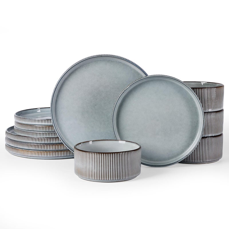 famiware Star Dinnerware Sets, Plates and Bowls Set for 4, 12 Pieces Ribbed Dishes - Chip and Scratch Resistant, Microwave and Dishwasher Safe Tableware, Smoky Blue - Image 1