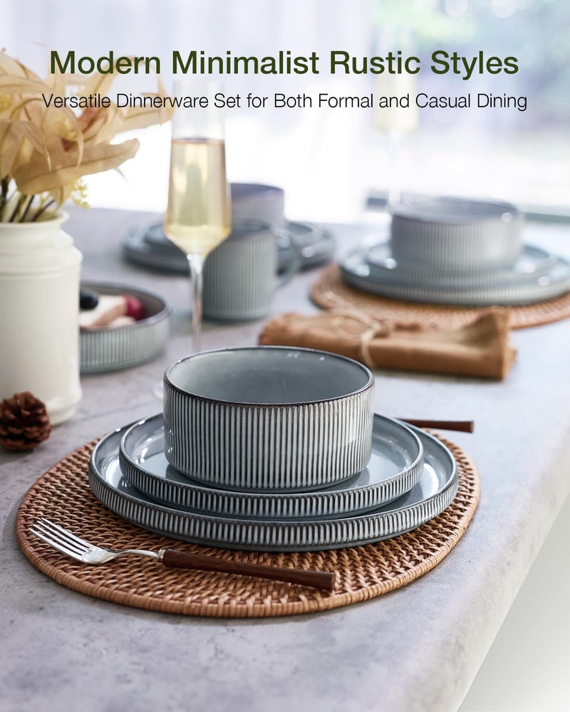 famiware Star Dinnerware Sets, Plates and Bowls Set for 4, 12 Pieces Ribbed Dishes - Chip and Scratch Resistant, Microwave and Dishwasher Safe Tableware, Smoky Blue - Image 2