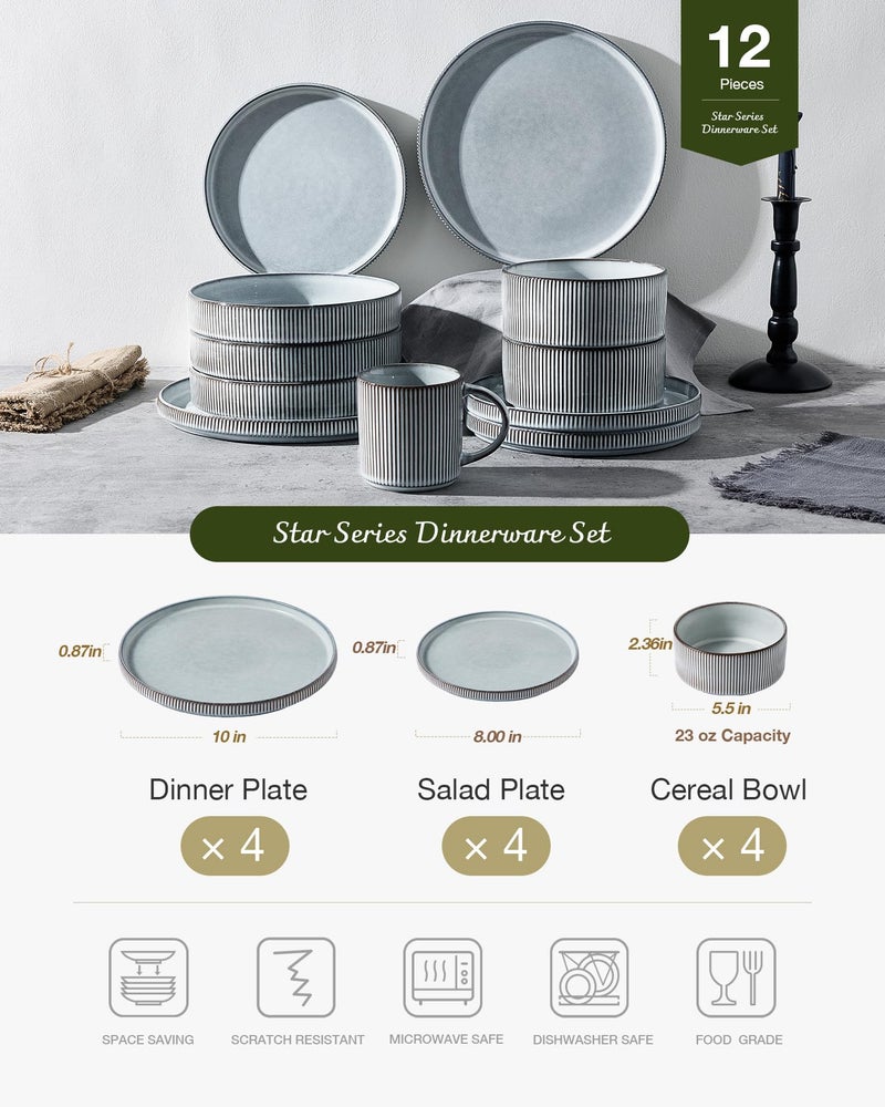 famiware Star Dinnerware Sets, Plates and Bowls Set for 4, 12 Pieces Ribbed Dishes - Chip and Scratch Resistant, Microwave and Dishwasher Safe Tableware, Smoky Blue - Image 3