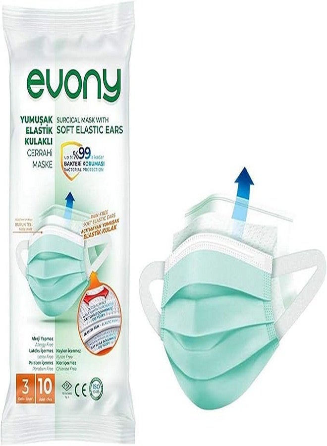 evony 3-Ply Surgical Face Mask Blue Color – Pack of 10 Pieces with Soft Elastic Ear Loops - Image 2