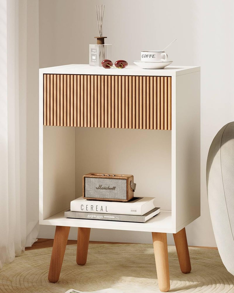 INNOD Fluted Nightstand, Modern Bedside Table with Storage Drawers and Open Wood Shelf, Night Stand with Solid Wood Legs, End Tables Side Tables for Living Room, Bedroom - Image 1