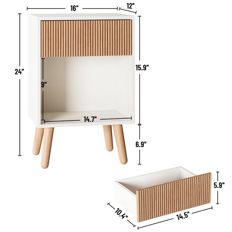 INNOD Fluted Nightstand, Modern Bedside Table with Storage Drawers and Open Wood Shelf, Night Stand with Solid Wood Legs, End Tables Side Tables for Living Room, Bedroom - Image 2