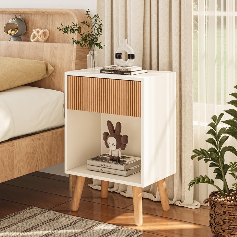 INNOD Fluted Nightstand, Modern Bedside Table with Storage Drawers and Open Wood Shelf, Night Stand with Solid Wood Legs, End Tables Side Tables for Living Room, Bedroom - Image 5