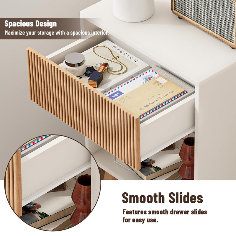 INNOD Fluted Nightstand, Modern Bedside Table with Storage Drawers and Open Wood Shelf, Night Stand with Solid Wood Legs, End Tables Side Tables for Living Room, Bedroom - Image 3