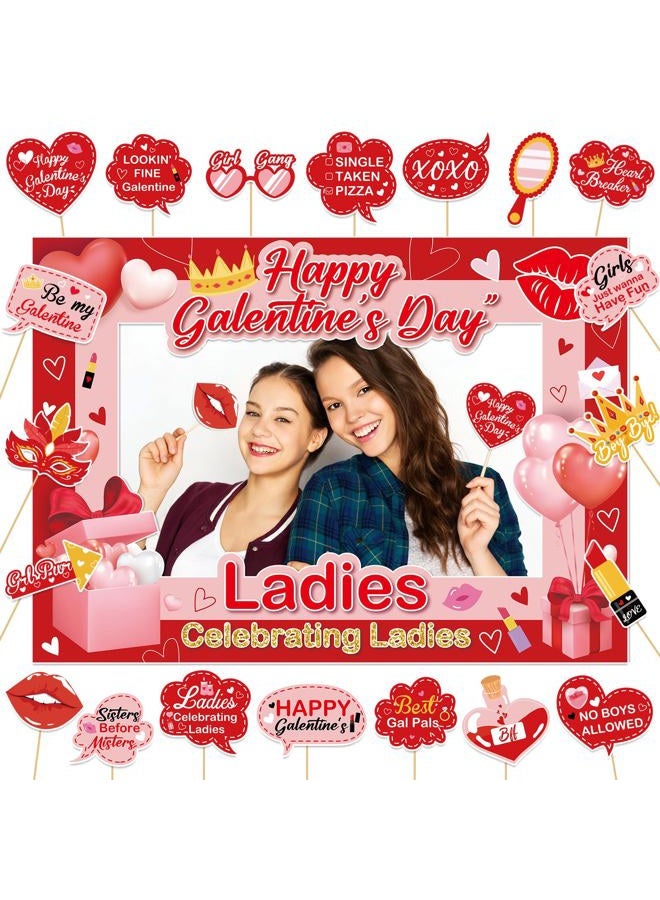 QOUBAI Happy Galentines Day Decorations Photo Booth Props Happy Galentine's Day Photo Booth Frame with 20 Pcs Funny Selfie Props Pink for Valentines Ladies Celebrating Ladies Party Supplies and Decorations - Image 1