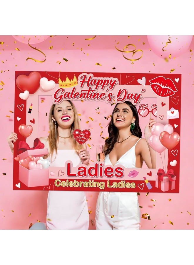 QOUBAI Happy Galentines Day Decorations Photo Booth Props Happy Galentine's Day Photo Booth Frame with 20 Pcs Funny Selfie Props Pink for Valentines Ladies Celebrating Ladies Party Supplies and Decorations - Image 5