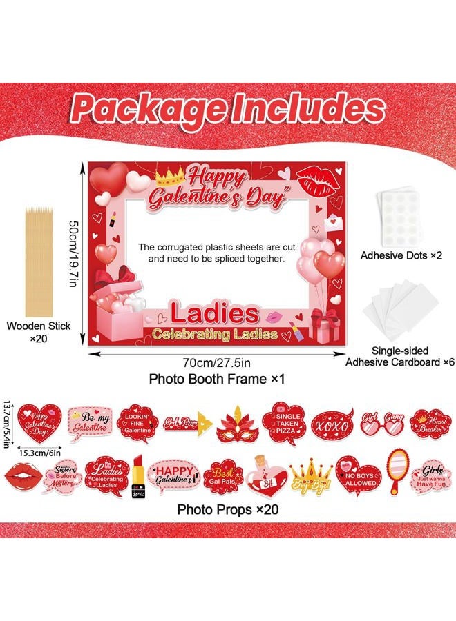 QOUBAI Happy Galentines Day Decorations Photo Booth Props Happy Galentine's Day Photo Booth Frame with 20 Pcs Funny Selfie Props Pink for Valentines Ladies Celebrating Ladies Party Supplies and Decorations - Image 2