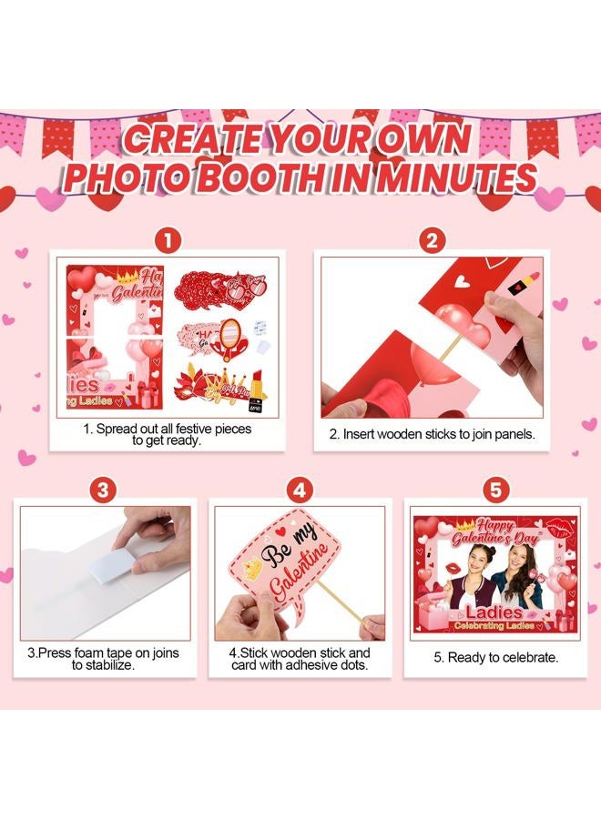 QOUBAI Happy Galentines Day Decorations Photo Booth Props Happy Galentine's Day Photo Booth Frame with 20 Pcs Funny Selfie Props Pink for Valentines Ladies Celebrating Ladies Party Supplies and Decorations - Image 4