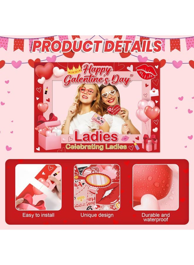 QOUBAI Happy Galentines Day Decorations Photo Booth Props Happy Galentine's Day Photo Booth Frame with 20 Pcs Funny Selfie Props Pink for Valentines Ladies Celebrating Ladies Party Supplies and Decorations - Image 3